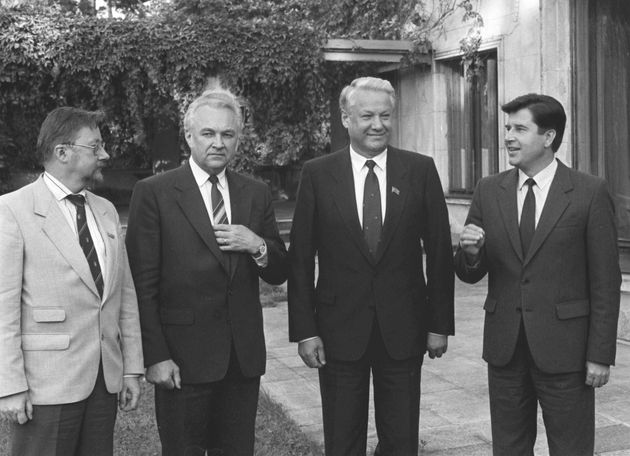 Treffen der Vertreter der baltischen Staaten und Russlands: Vytautas Landsbergis (Litauen), Arnold Ruutel (Estland), Boris Jelzin (Russland) und Anatoly Gorbunov (Lettland)