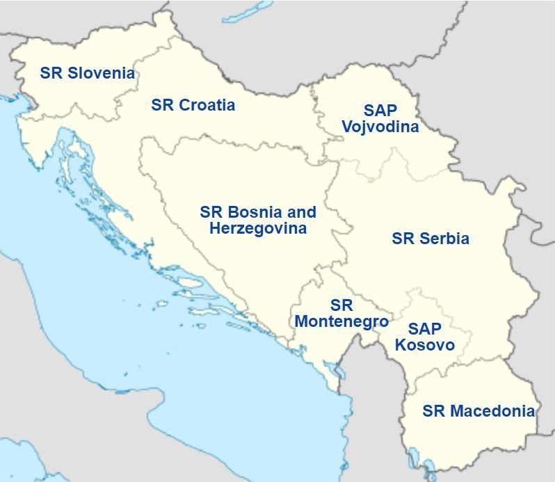 Η Γιουγκοσλαβική Ομοσπονδία αποτελείτο από έξι σοσιαλιστικές δημοκρατίες (Σοσιαλιστική Δημοκρατία της Βοσνίας και Ερζεγοβίνης, Σοσιαλιστική Δημοκρατία της Κροατίας, Σοσιαλιστική Δημοκρατία της Μακεδονίας, Σοσιαλιστική Δημοκρατία της Σλοβενίας, Σοσιαλιστική Δημοκρατία του Μαυροβουνίου και Σοσιαλιστική Δημοκρατία της Σερβίας) καθώς και από δύο αυτόνομες περιοχές, το Κόσοβο και τη Βοϊβοντίνα, επιμέρους επαρχίες της Σερβίας.