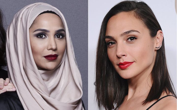 Gal Gadot, right, is hailed as a feminist icon, but Amena Khan, left, was criticized for sharing her views on the same political issue.