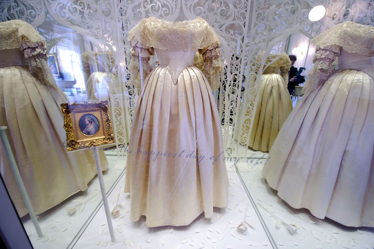 Queen Victoria's wedding dress on display in Kensington Palace. The choice of a white wedding dress was inspired by the royals.