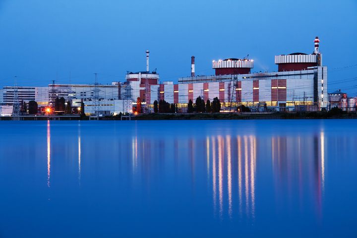 Nuclear power plant at night in South Ukraine