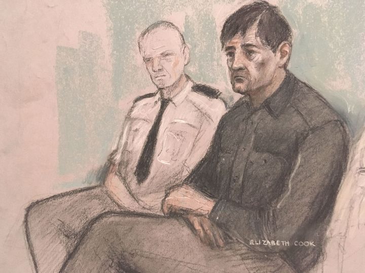 A court sketch of Darren Osborne, right, who is accused of murder and attempted murder after allegedly driving a van into worshippers at Finsbury Park Mosque