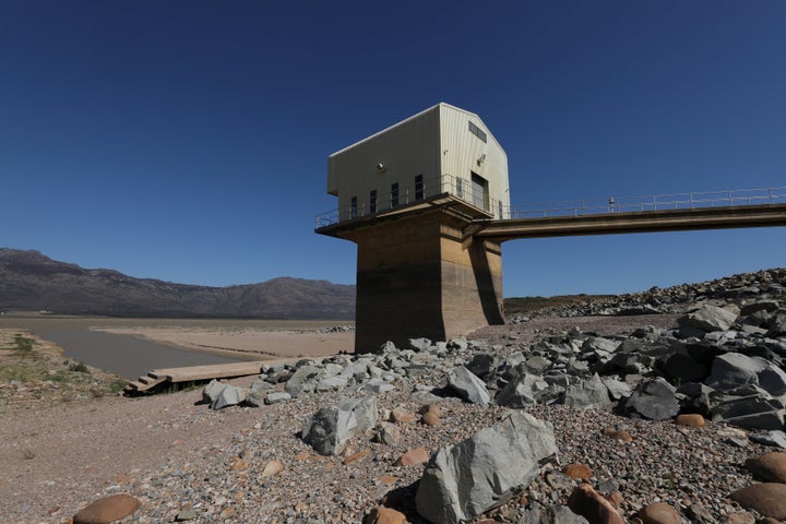 At Voelvlei Dam near Cape Town, pictured in November 2017, water levels have dipped dangerously low.