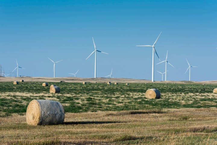 A view of the Rim Rock Wind Farm, a 126-turbine operation located on a working ranch in Kevin, Montana.