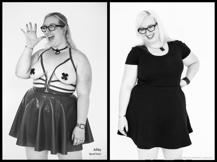 L: Ashley at Folsom. R: Ashley in her "everyday" clothing.