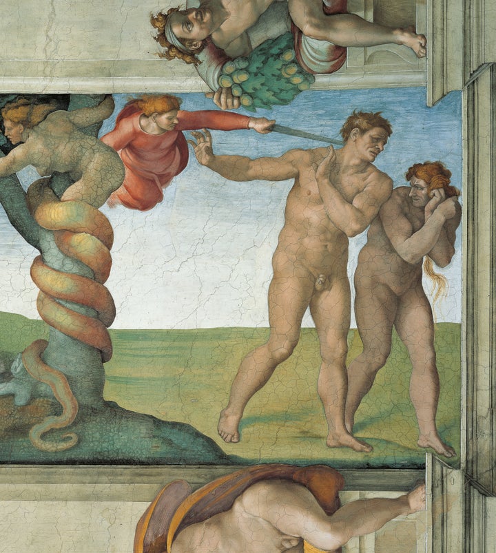 A detail from the Sistine Chapel in the Vatican shows Adam and Eve being banished from the Garden of Eden.