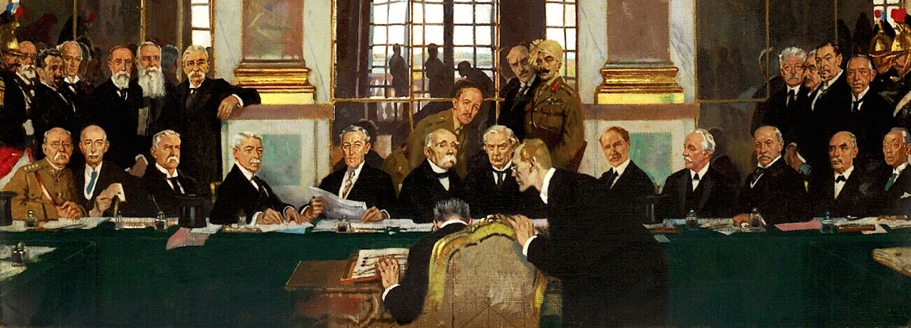 Johannes Bell of Germany is portrayed signing the peace treaties on 28 June 1919 in The Signing of Peace in the Hall of Mirrors by Sir William Orpen