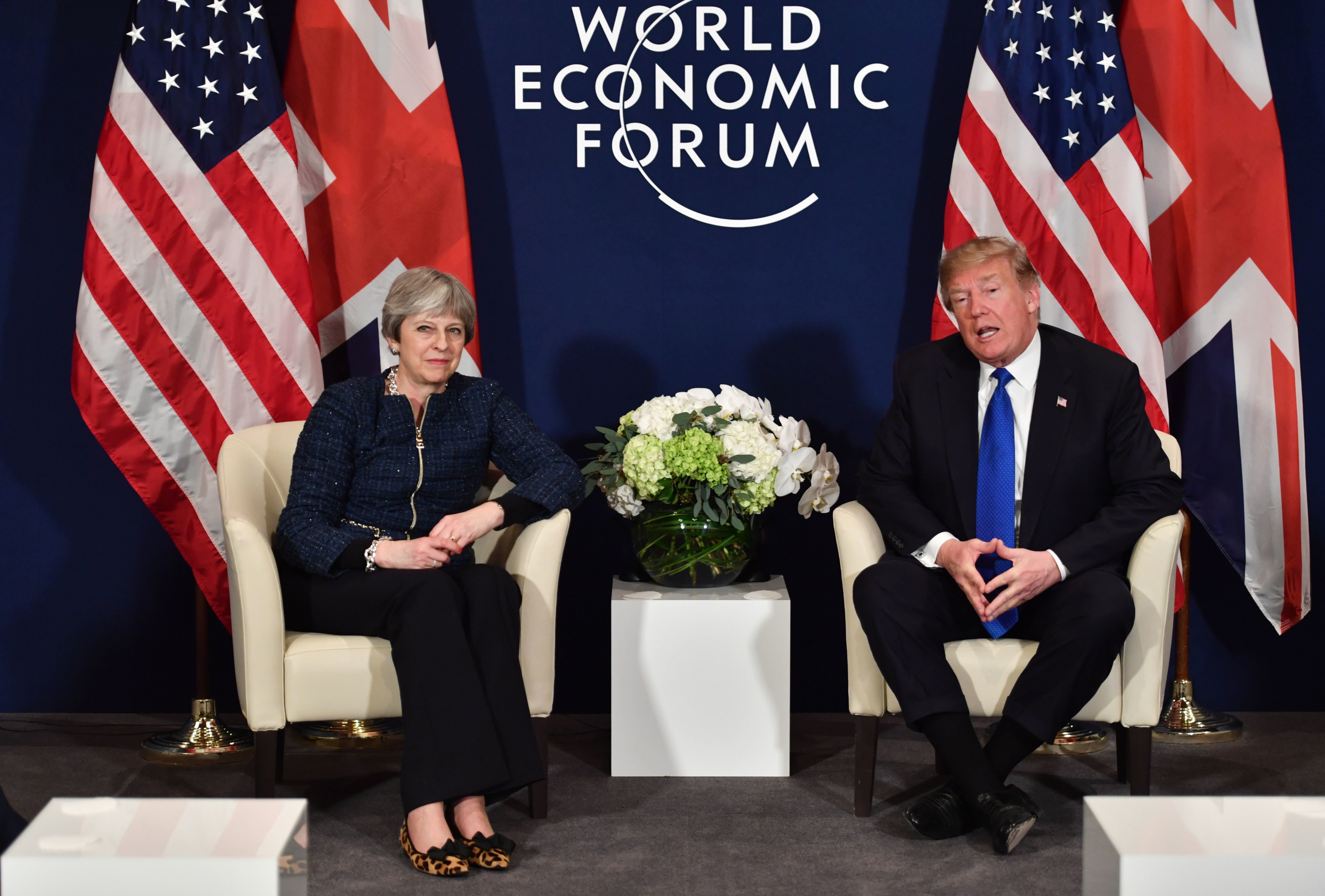 Donald Trump and Theresa May speak to reporters after a meeting in Davos.