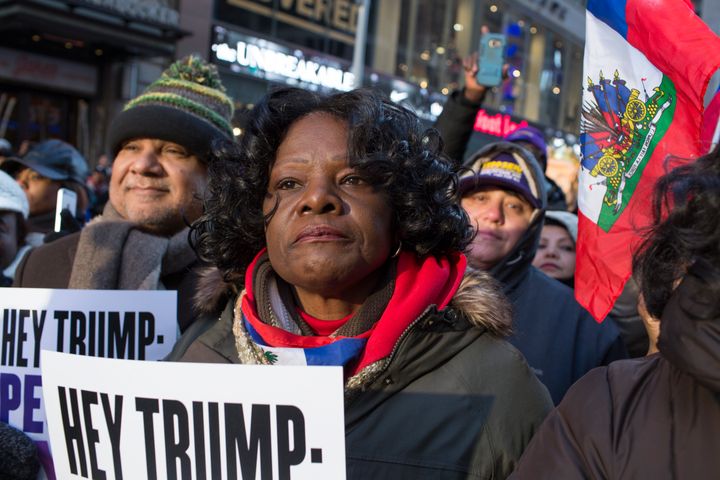 Haitian immigrants mark Martin Luther King Day by attending a rally to protest against President Donald Trump's immigration policies on Jan. 15, 2018 in Times Square, New York City. 