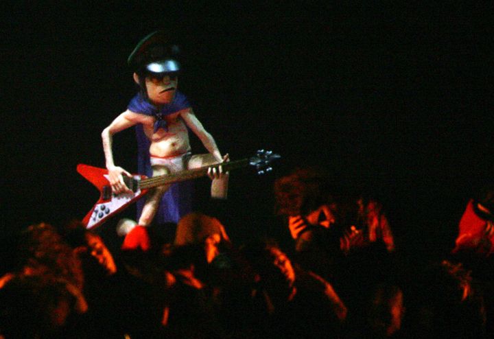 A hologram figure of virtual British group Gorillaz is projected on stage during their performance at the MTV Europe Music Awards 2005.