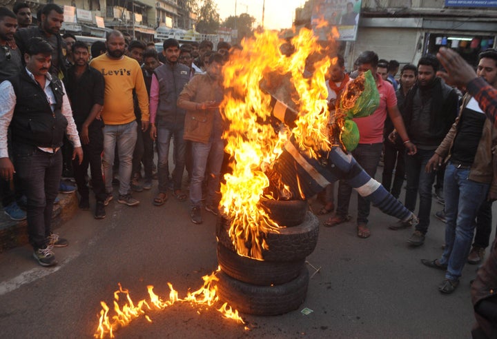 Indian protesters take part in a demonstration against Bollywood film 'Padmaavat' in Sikar, on January 25, 2018. Thousands of police in riot gear guarded cinemas across India on Thursday, amid threats of violence by Hindu hardliners opposed to the release of a movie about a legendary Hindu queen and a Muslim king.