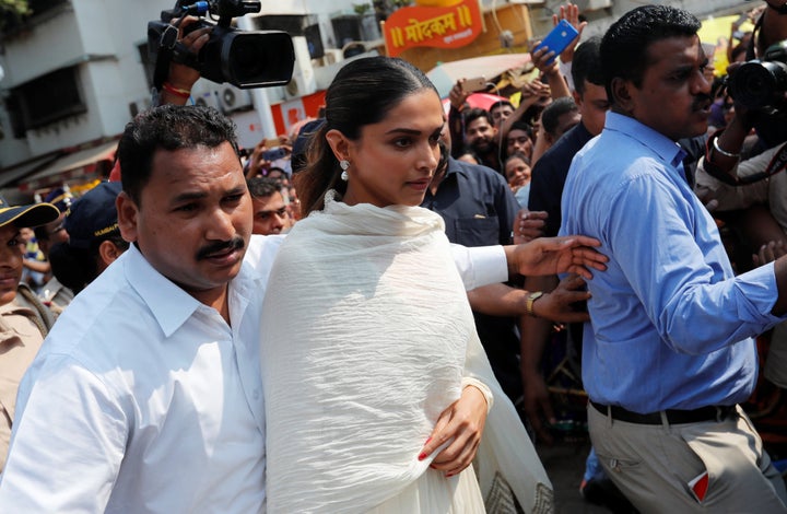 Bollywood actor Deepika Padukone visits a temple before the release of her upcoming film "Padmaavat" in Mumbai, India Jan. 23, 2018.