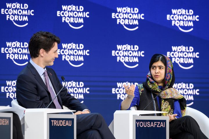 Canada Prime Minister Justin Trudeau and Nobel laureate Malala Yousafzai appear at the World Economic Forum Annual Meeting in Davos, Switzerland, on Thursday.