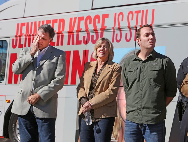 Drew, Joyce and Logan Kesse at a news conference held by police on Jan. 24, 2018, marking 12 years since the disappearan