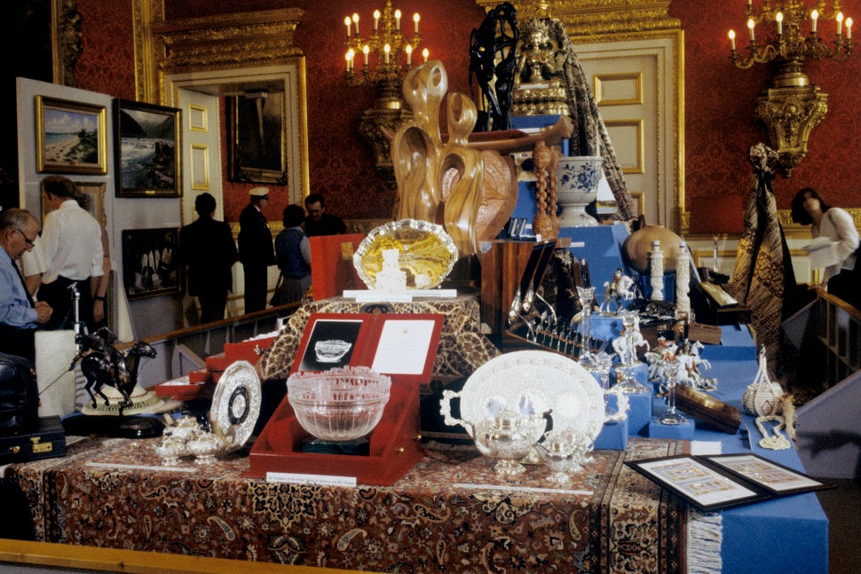 <strong>Wedding gifts for the Prince and Princess of Wales on display in the Throne Room at St James's Palace in London</strong>