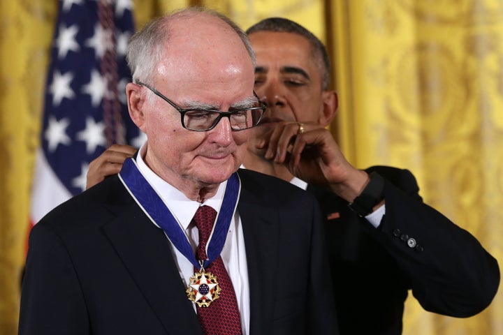 Then-President Barack Obama presents the Presidential Medal of Freedom to William Ruckelshaus, the first and fifth Administra