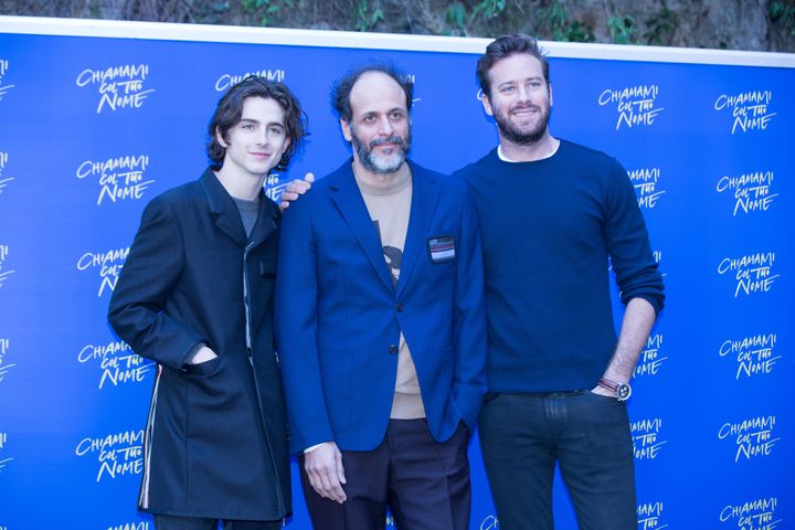 Luca Guadagnino with 'Call Me By Your Name' stars Timothée Chalamet and Armie Hammer