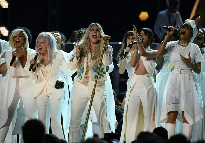 Kesha on stage at the Grammys
