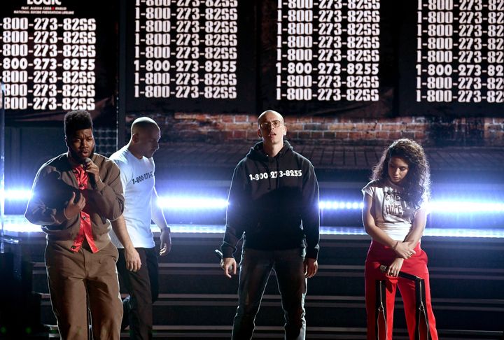 Khalid, Logic and Alessia Cara perform at the Grammys. 