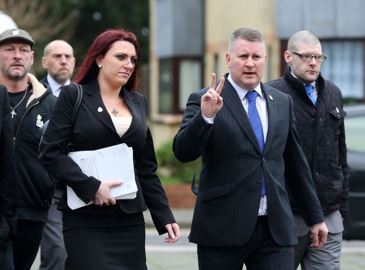 Paul Golding and Jayda Fransen arriving at Folkestone Magistrates Court on Monday, where they are accused of religiously aggravated harassment 