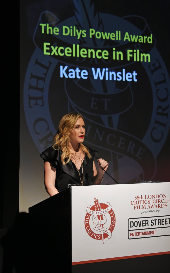 Winslet accepts the Dilys Powell Award for Excellence in Film at the London Critics’ Circle Film Awards on Sunday night
