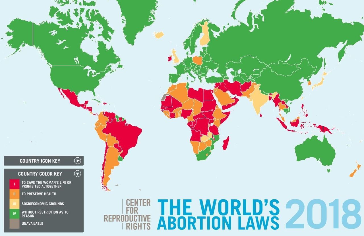 O χάρτης δείχνει την υφιστάμενη νομοθεσία για τις αμβλώσεις σε κάθε χώρα του πλανήτη. Εάν επισκεφθείτε την αντίστοιχη ιστοσελίδα, Worldabortionlaws.com και επιλέξετε μια χώρα τοποθετώντας πάνω σε αυτή τον κέρσορα, θα εμφανιστούν αναλυτικές πληροφορίες