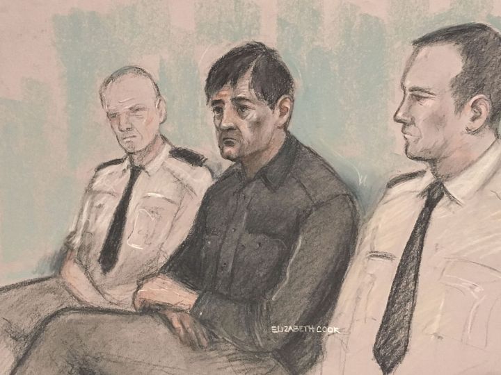 A court artist sketch of Darren Osborne (centre) at Woolwich Crown Court in London 