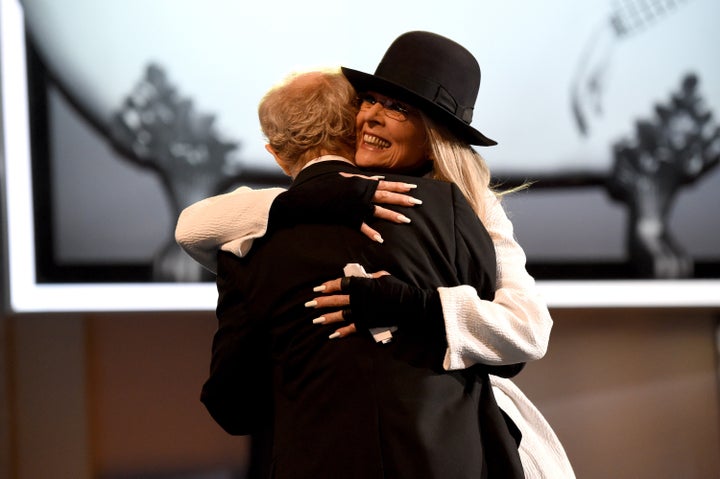 Woody Allen hugs Diane Keaton at American Film Institute's 45th Life Achievement Award Gala Tribute on June 8, 2017, which honored Keaton.