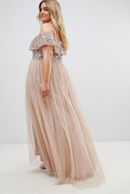 maya bardot sequin top tulle detail dress with high low hem