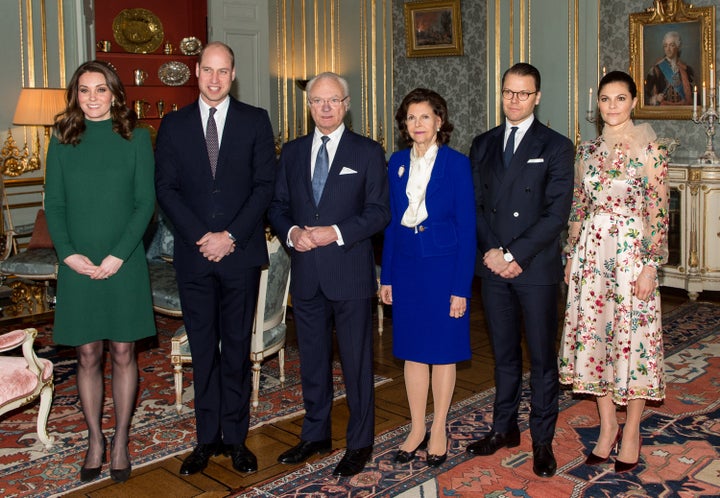 The Duke and Duchess of Cambridge post with King Carl XVI Gustaf of Sweden, Queen Silvia of Sweden, Prince Daniel, Duke of Vastergotland and Crown Princess Victoria of Sweden at the Royal Palace on Jan. 30. 