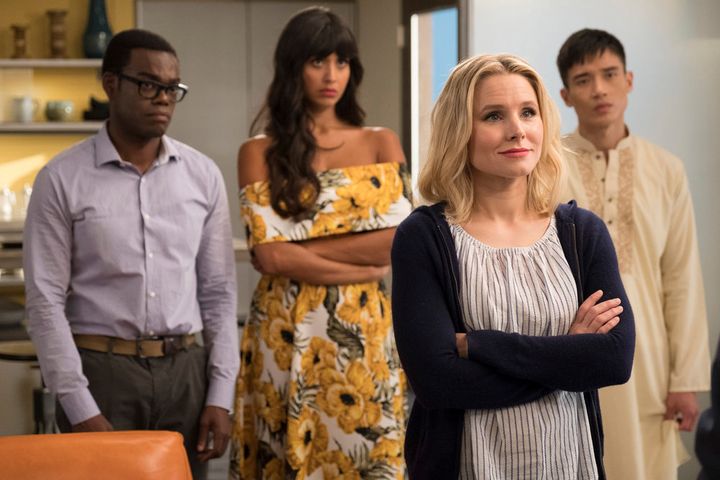 The humans of NBC's "The Good Place": William Jackson Harper as Chidi, Jameela Jamil as Tahani, Kristen Bell as Eleanor Shellstrop, Manny Jacinto as Jianyu.