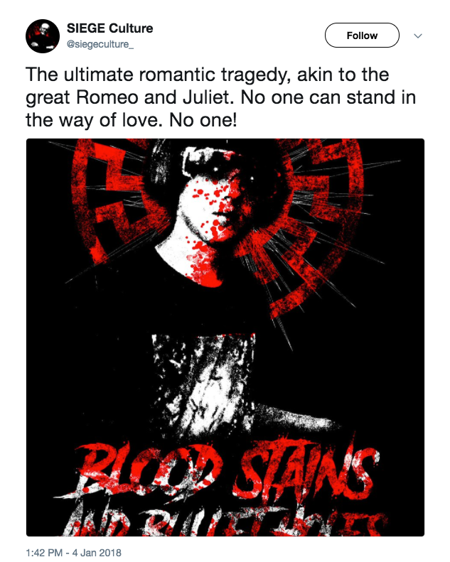 A tweet from SIEGE Culture, a site affiliated with Atomwaffen, featuring a drawing of Nicholas Giampa, a teen accused of killing his girlfriend's parents.