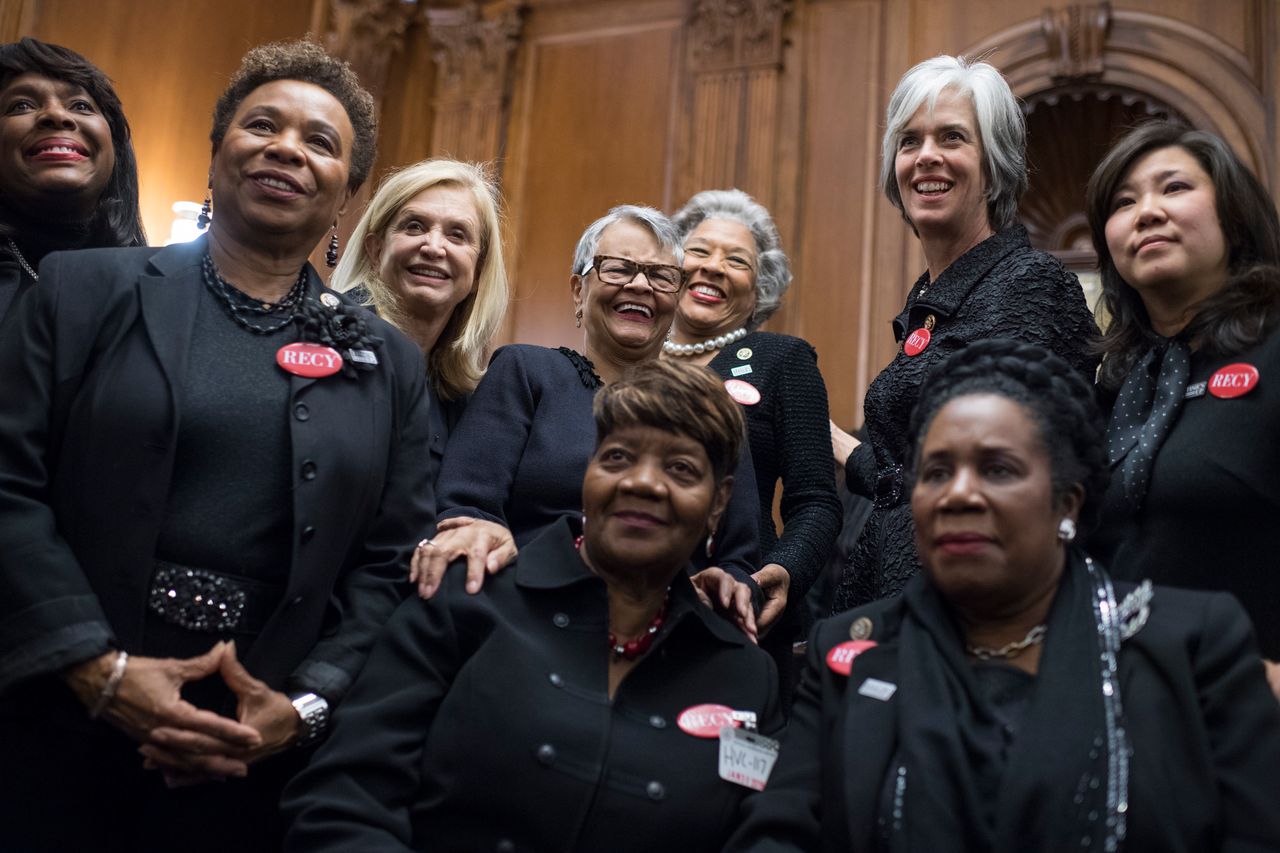 Rose Gunter, center front, the niece of sexual assault survivor Recy Taylor, wears black to show solidarity with the men and women who are speaking out against sexual harassment and discrimination. With her at the Capitol on Tuesday are, from left, Reps. Terri Sewell (D-Ala.), Barbara Lee (D-Calif.), Carolyn Maloney (D-N.Y.), Bonnie Watson Coleman (D-N.J.), Joyce Beatty (D-Ohio), Katherine Clark (D-Mass.), Sheila Jackson Lee (D-Texas) and Grace Meng (D-N.Y.).