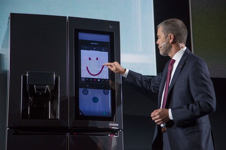 LG Electronics Vice President of Marketing David VanderWaal presenting the LG InstaView smart fridge at the 2017 Consumer Electronics Show in Las Vegas.