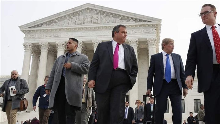 Then-Gov. Chris Christie of New Jersey leaves the U.S. Supreme Court after oral arguments in December on a case that could legalize sports betting. If the court rules in New Jersey’s favor, many other states could be legalizing sports gambling.