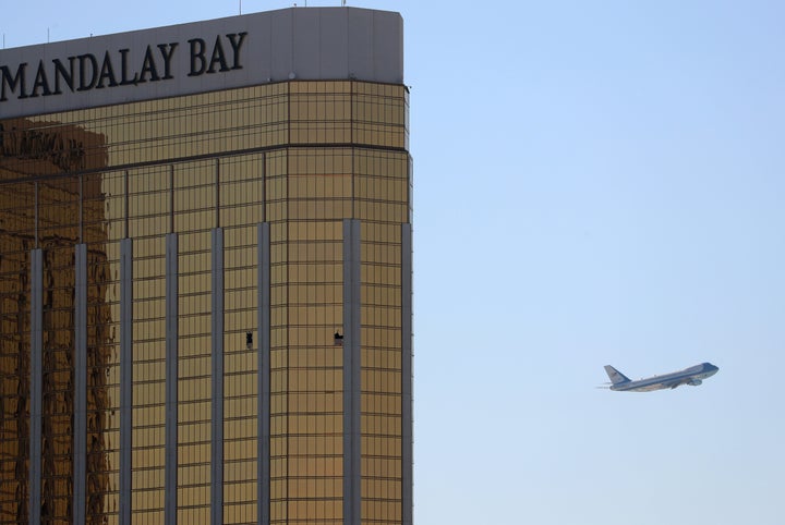Broken windows are seen from outside the Mandalay Bay Hotel in Las Vegas, where Stephen Paddock carried out the mass shooting