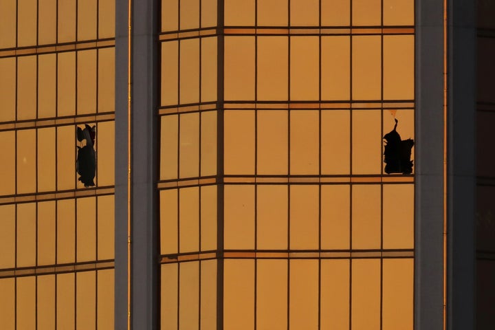 Broken windows are seen on the 32nd floor of the Mandalay Bay hotel in Las Vegas, where Stephen Paddock fired on a crowd