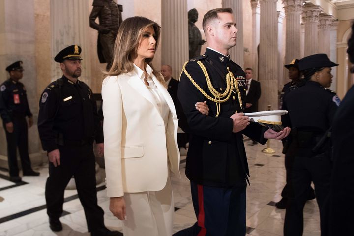 Melania Trump leaves the Capitol after her husband delivers his State of the Union address Tuesday night.