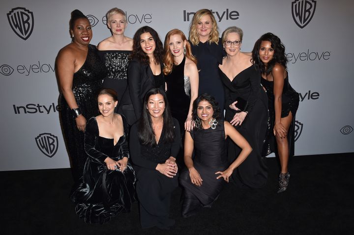 Golden Globes attendees in black gowns