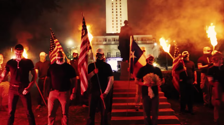 Patriot Front held a torchlit march through the University of Texas campus in Austin in November 2017. 