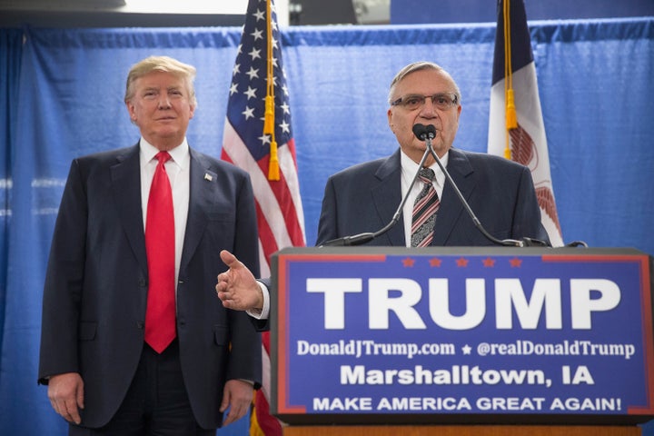 Joe Arpaio endorses then-Republican presidential candidate Donald Trump prior to a rally on Jan. 26, 2016 in Marshalltown, Iowa.