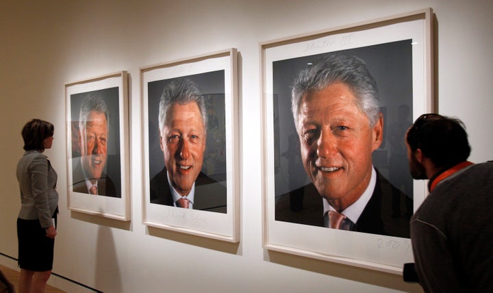 Three photographs of former President Bill Clinton by Chuck Close that were used for a painting hang in the Crystal Bridges Museum of American Art in Bentonville, Arkansas.