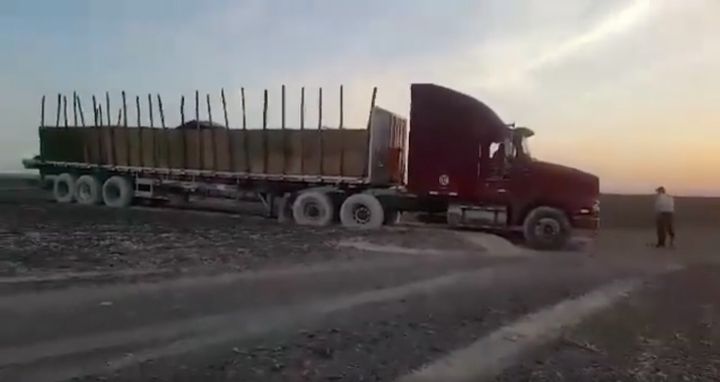 A tractor-trailer is seen parked on the site of Peru's famous Nazca Lines on Saturday after the driver took his vehicle off the road.