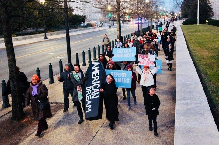 Protesters held a funeral for the "American Dream" on Tuesday in Washington, D.C., after President Donald Trump unveiled his new immigration plan.