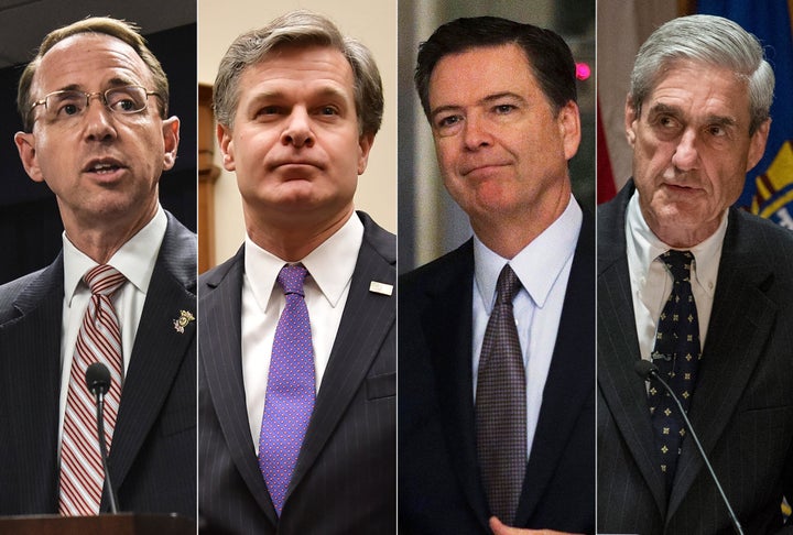 Deputy Attorney General Rod Rosenstein, FBI Director Christopher Wray, former FBI Director James Comey and special counsel Robert Mueller, also a former FBI director.