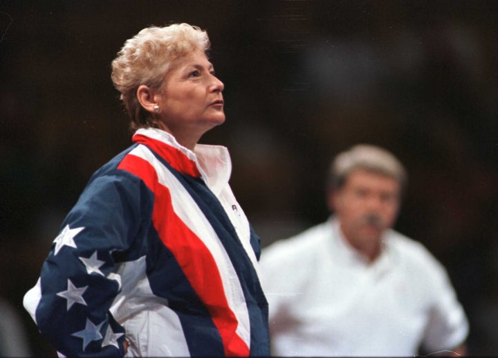 Martha Karolyi watches Kerri Strug warm up prior to 1996 Olympic Trials.