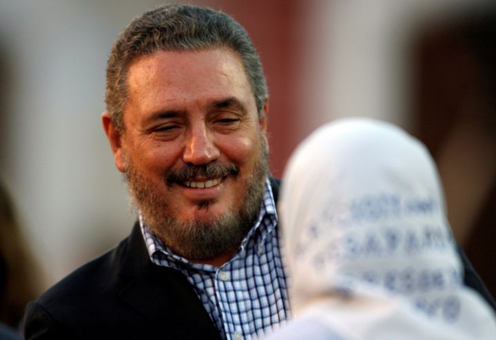 Fidel Castro Diaz-Balart, son of Cuba's President Fidel Castro, talks to Argentine human right activist and member of the Mothers of the Plaza de Mayo group Hebe de Bonafini during the inauguration of the International Book Fair in Havana February 8, 2007. REUTERS/Claudia Daut/File Photo