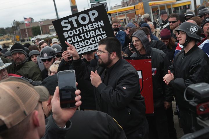 Heimbach speaking at a white nationalist rally in Shelbyville, Tenn., last October.