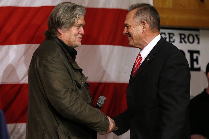 Steve Bannon, left, and Roy Moore in Fairhope, Ala., Dec. 5, 2017.