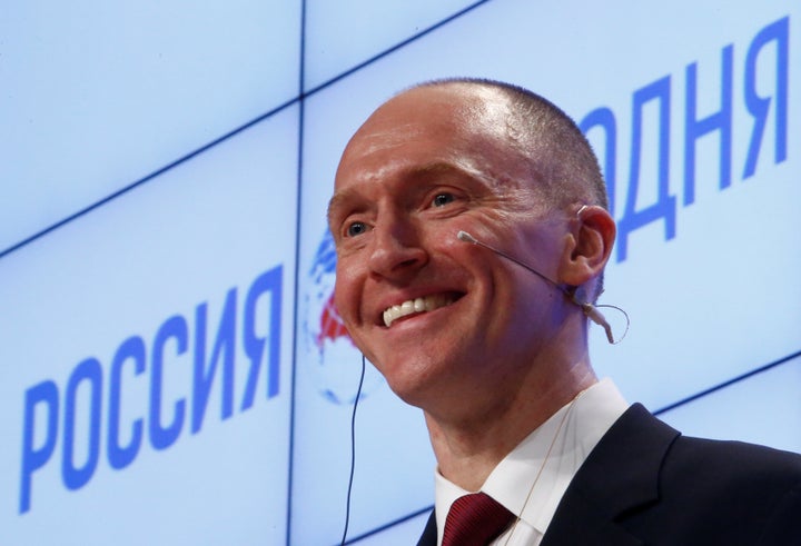 One-time Trump adviser Carter Page addresses the audience during a presentation in Moscow, Russia, on Dec. 12, 2016. 